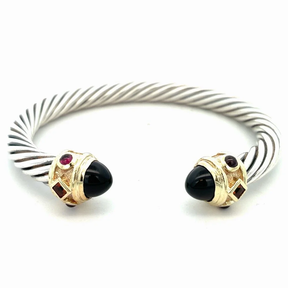 David Yurman Sterling Silver 14K Gold Onyx Renaissance Cablespira Cuff Bracelet